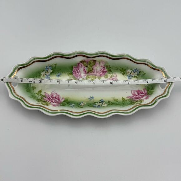 Welmar Germany Marked Antique 9" Oblong Plate Bowl Tray Roses Scallop Edge - Picture 6 of 10